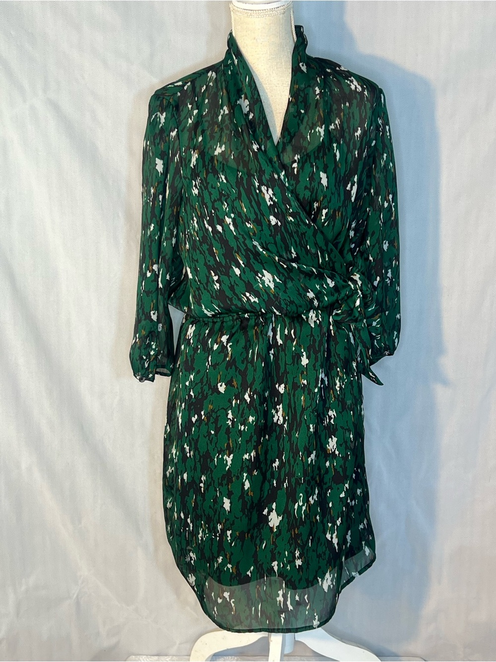 The Limited Dress Green & Black Abstract Faux Wrap Chiffon Long Sleeves 10 👍